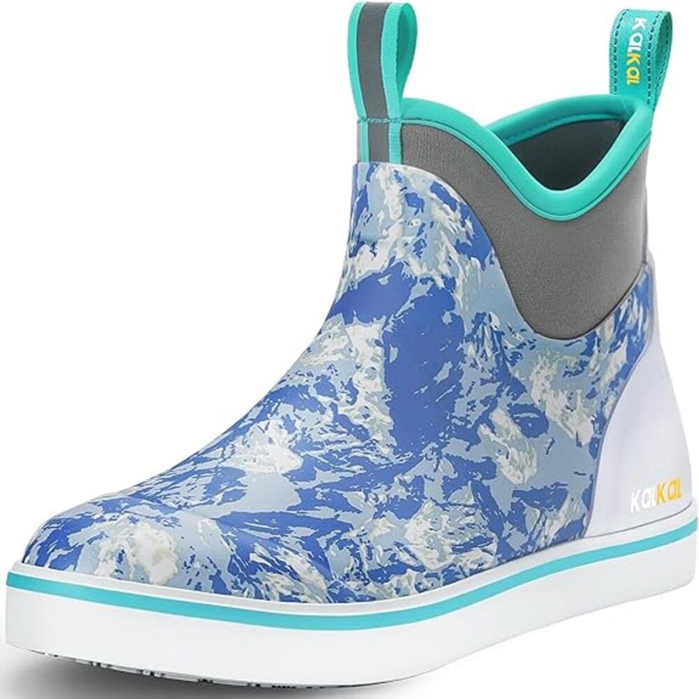 Kalkal Mens Size 10 Blue Gray Waterproof Fishing Rain High Traction Rubber Boots